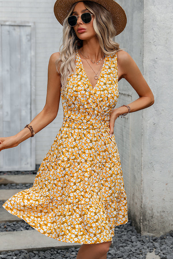 Saskia's V-Ausschnitt Blumenmuster Taillenkleid